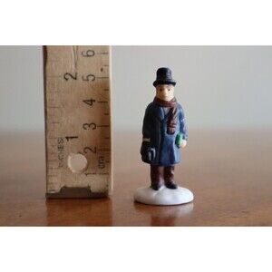 Christmas Village Figurine Man Hat Going To Work Bag Lunch Winter Coat Scarf 2"